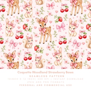 May include: A seamless pattern featuring woodland creatures like deer, bunnies, and squirrels, adorned with pink bows. Cherries, strawberries, and floral accents are scattered across a light pink background. The text "Coquette Woodland Strawberry Bows" is at the bottom.