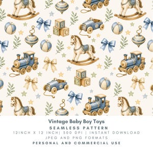 May include: Seamless pattern featuring vintage baby boy toys. The design includes rocking horses, toy cars, trains, alphabet blocks, bows, and stars in shades of blue, beige, and gold. The text "Vintage Baby Boy Toys" is at the bottom.