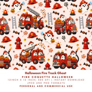 May include: A repeating pattern on a light pink background featuring cartoon ghosts wearing red firefighter helmets, red fire trucks, red fire hydrants, orange pumpkins, ladders, lollipops, and wrapped candies. The text reads Halloween Fire Truck Ghost.