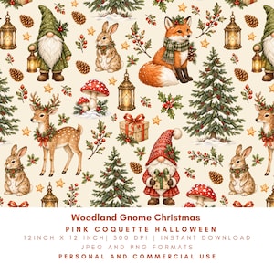 May include: A seamless pattern featuring gnomes in green and red outfits, foxes with scarves, rabbits, deer, snow-covered pine trees, lanterns, red mushrooms, and gift boxes on a cream background. Text reads Woodland Gnome Christmas.