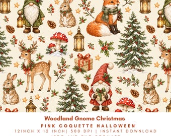 Woodland Gnome Christmas Seamless Pattern, Cottagecore Watercolor Forest Animals, Holiday Digital Paper PNG JPG