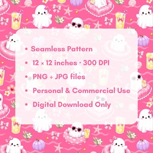 Pink Summer Ghost Pool Party product details preview featuring a cute seamless pattern with ghosts, pink floats, lemonade, pastel pumpkins, flowers, shells, bows, starfish, and waves. Includes 12x12 inch, 300 DPI, PNG and JPG files, personal and commercial use, digital download only.