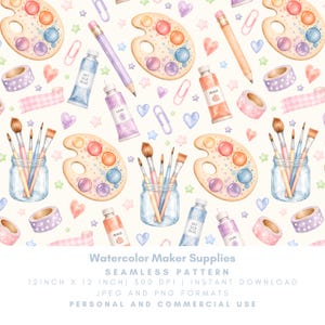 May include: A seamless pattern featuring watercolor illustrations of paint palettes, paintbrushes in glass jars, paint tubes labeled Sky Silk Blue, Lilac, and Peach, pencils, washi tape rolls, paper clips, and small hearts and stars on a cream background.