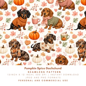 Op de afbeelding: Een naadloos patroon met teckels in truien en sjaals, pompoenen, herfstbladeren, hartvormige koekjes en mokken cacao. Tekst: Pumpkin Spice Dachshund SEAMLESS PATTERN 12 INCH X 12 INCH 300 DPI INSTANT DOWNLOAD JPEG AND PNG FORMATS PERSONAL AND COMMERCIAL USE