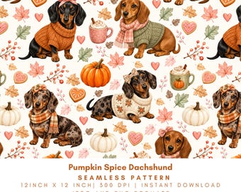 Pumpkin Spice Dachshund Seamless Pattern, Fall Dogs, Pumpkins, Coffee and Autumn Leaves, Dog Mom Digital Paper, PNG JPG