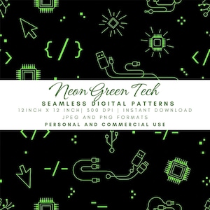 Neon Green Tech Seamless Pattern, Hacker Digital Paper, Coding Programmer Fabric, Circuit Board Cyberpunk Print, Gaming Computer IT