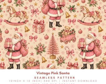 Vintage Pink Santa Seamless Pattern, Retro Christmas Digital Paper, Christmas Santa, Holiday Scrapbook Background, PNG JPG