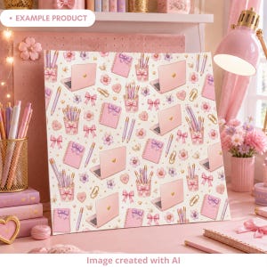 Example product mockup featuring a coquette school seamless pattern printed on a paper sheet in a pastel study room. Design includes pink notebooks with bows, pastel pencils, pencil cups, mini laptops, gold paper clips, hearts, flowers and beige leaves. Cute back to school digital paper for crafts, stationery and classroom decor.