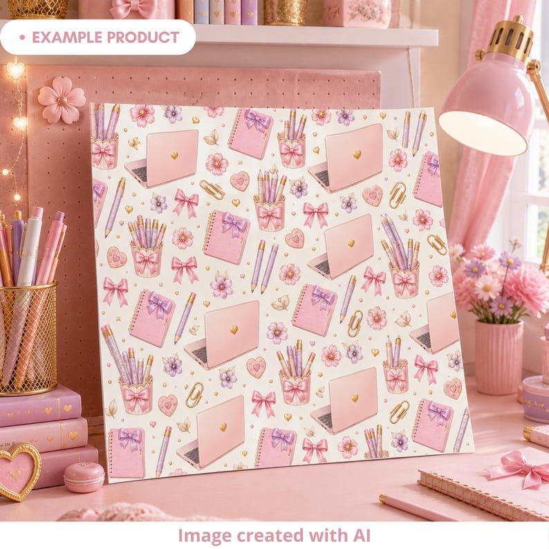 Example product mockup featuring a coquette school seamless pattern printed on a paper sheet in a pastel study room. Design includes pink notebooks with bows, pastel pencils, pencil cups, mini laptops, gold paper clips, hearts, flowers and beige leaves. Cute back to school digital paper for crafts, stationery and classroom decor.