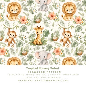 May include: A seamless pattern featuring watercolor illustrations of a lion, elephant, monkey, and giraffe. The design includes tropical leaves, hibiscus flowers, and coconuts. The text at the bottom reads "Tropical Nursery Safari".