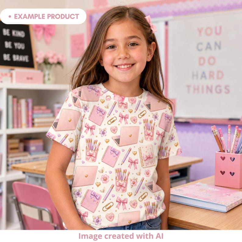 Example product mockup showing a smiling girl wearing a T-shirt with a coquette school seamless pattern in a pastel classroom. The design features pink notebooks with bows, pastel pencils, pencil cups, mini laptops, gold paper clips, hearts, flowers and soft cream tones. Cute back to school digital pattern for fabric, apparel and stationery.