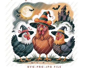 Funny Halloween Chickens PNG, Hens in Witch Hats SVG, Spooky Farmhouse Clipart, Sublimation Design for T-Shirt, Cricut File