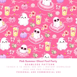 May include: A seamless pattern featuring white ghosts in sunglasses and pink pool floats, with cocktails, bows, pumpkins, and seashells on a pink wavy background. The text "Pink Summer Ghost Pool Party" is at the bottom. The pattern is 12 inches by 12 inches.