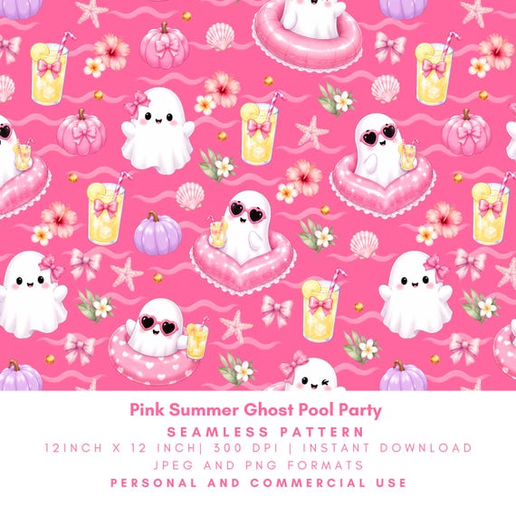 Pink Summer Ghost Pool Party Seamless Pattern, Cute Spooky Halloween Digital Paper, Girly Lemonade Pumpkin Design, PNG JPG
