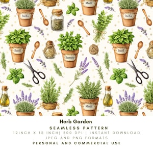 Può includere: Motivo senza cuciture con illustrazioni ad acquerello di erbe aromatiche in vasi di terracotta, come basilico, rosmarino e menta. Il design include anche rametti di lavanda, cucchiai di legno e piccole bottiglie di vetro. Il motivo misura 30,48 cm x 30,48 cm.