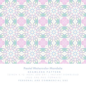 May include: A seamless pastel watercolor mandala pattern in soft shades of pink, blue, and green. The design features repeating floral and star-like motifs. The image is 12 inches by 12 inches.