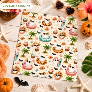 Summerween Beach Ghost seamless pattern mockup on a paper sheet over a tropical Halloween table with cute watercolor ghosts, flamingo floaties, surfboards, palm trees, bats, starfish, seashells, coconut drinks, coral flowers, pumpkins, heart sunglasses and warm summer party decor.