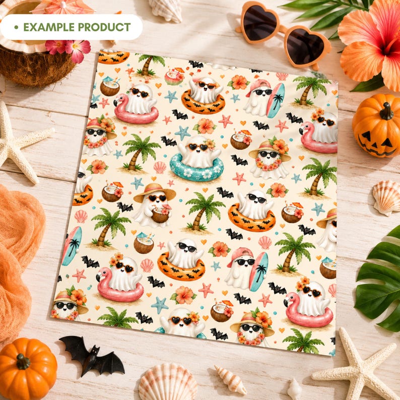 Summerween Beach Ghost seamless pattern mockup on a paper sheet over a tropical Halloween table with cute watercolor ghosts, flamingo floaties, surfboards, palm trees, bats, starfish, seashells, coconut drinks, coral flowers, pumpkins, heart sunglasses and warm summer party decor.