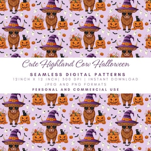 Cute Highland Cow Halloween Seamless Pattern, Witch Hat Glasses, Pumpkin Ghost Bat Fabric, Purple Digital Paper, Spooky Farm