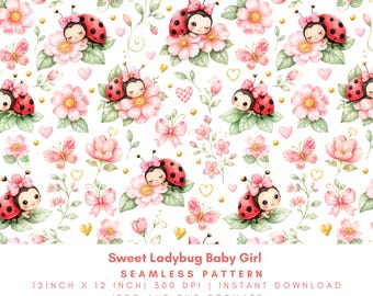 Sweet Ladybug Baby Girl Seamless Pattern, Pink Floral Watercolor Digital Paper, Cute Nursery Fabric Design PNG JPG