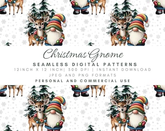Christmas Gnome Seamless Pattern, Winter Wonderland Digital Paper, Holiday Fabric Print, Cozy Xmas Decor, Cute Reindeer Gnomes, Deer