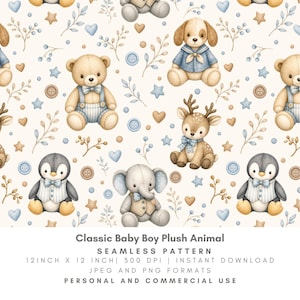 Classic Baby Boy Plush Animal Seamless Pattern, Vintage Watercolor Nursery Fabric, Teddy Bear Deer Elephant Puppy Penguin, PNG JPG