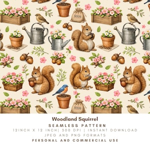 May include: A seamless pattern featuring woodland elements. Squirrels, birds, flowers, watering cans, and seed bags are arranged on a cream background. The pattern includes the text "Woodland Squirrel" and "12 inch x 12 inch".