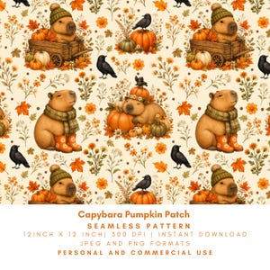 Capybara Pumpkin Patch Seamless Pattern, Cozy Fall Watercolor, Autumn Crow Floral Digital Paper, Farmhouse Halloween Design, PNG JPG