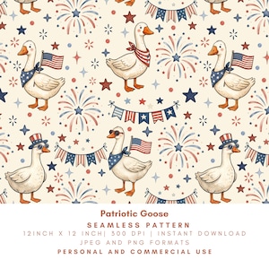 May include: A seamless pattern featuring cartoon geese with patriotic accessories like bandanas, sunglasses, and top hats, holding American flags. The design includes fireworks, stars, and bunting in red, white, and blue. The pattern is 12 inches by 12 inches.
