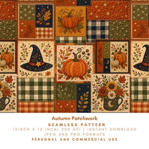 Jesienny wzór patchworkowy bez szwu, cyfrowy papier do narzuty z dyniowym kapeluszem czarownicy, rustykalny wzór tkaniny jesiennej w formacie PNG JPG, Halloween