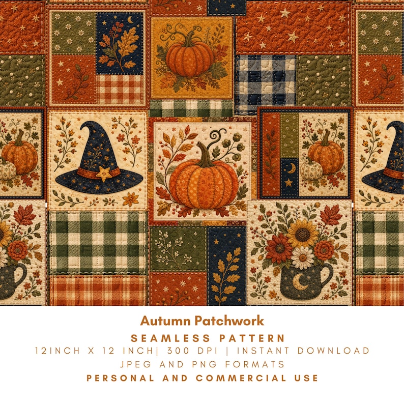 Autumn patchwork seamless pattern featuring pumpkins, witch hats, floral bouquets, crescent moons, stars, plaid checks, leaves and quilt-inspired blocks in burnt orange, navy, olive green, cream and mustard. Digital fall pattern, 12x12 inches, 300 DPI, PNG and JPEG, instant download for personal and commercial use.