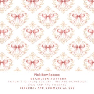 May include: A seamless pattern featuring a repeating design of pink bows and ornate, gold-colored scrollwork on a white background. The text "Pink Bow Rococo" is displayed below the pattern.