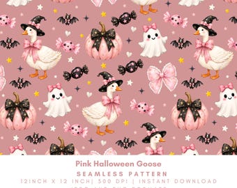 Pink Halloween Goose Seamless Pattern, Coquette Spooky Digital Paper, Witch Goose Pink Pumpkin Ghost Fabric Design, PNG JPG