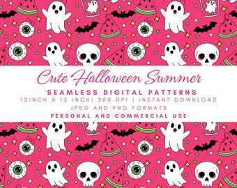 Cute Halloween Summer Seamless Pattern, Pink Ghost Skull Watermelon, Spooky Bat Drink Digital Paper, Kids Fabric, Party Print