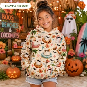 Summerween Beach Ghost hoodie mockup featuring a real girl wearing a cute tropical Halloween seamless pattern with watercolor ghosts, sunglasses, palm trees, bats, starfish, seashells, coconut drinks, surfboards, flamingo floaties, coral flowers and pumpkin party decor.