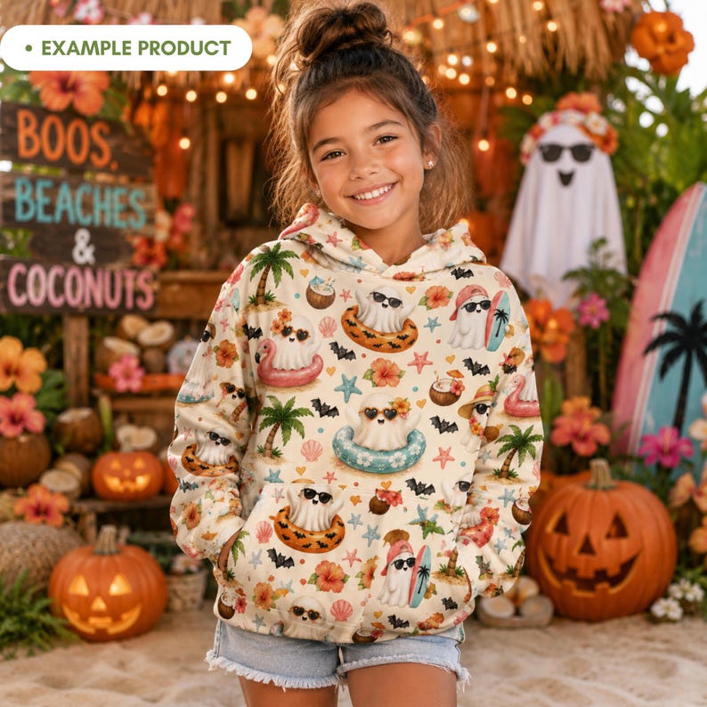 Summerween Beach Ghost hoodie mockup featuring a real girl wearing a cute tropical Halloween seamless pattern with watercolor ghosts, sunglasses, palm trees, bats, starfish, seashells, coconut drinks, surfboards, flamingo floaties, coral flowers and pumpkin party decor.
