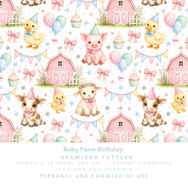 Naadloze verjaardagspatroon babyboerderij, roze schuurdieren, eerste verjaardagsfeestje digitaal papier, ontwerp kinderkamer, png JPG