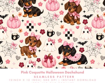 Pink Coquette Halloween Dachshund Seamless Pattern, Ghosts Pumpkins Bows and Spiders Web Digital Paper, PNG JPG