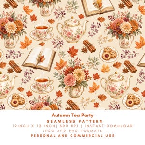 Autumn Tea Party Seamless Pattern, Vintage Floral Teapot, Tea Cup, Books, Cookies, Cinnamon, Fall Leaves Digital Paper, PNG JPG