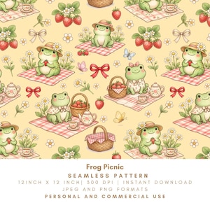 Naadloos patroon kikkerpicknick, Strawberry Daisy digitaal papier, Cottagecore-kwekerijprint, Floral Frog Repeat-tegel, digitale download PNG JPG