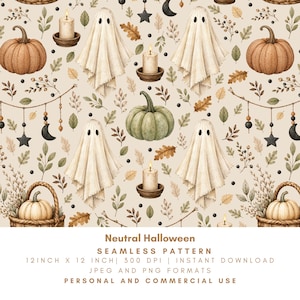 Neutral Halloween Seamless Pattern, Folk Ghost Pumpkin Clipart, Cottagecore Autumn Digital Paper, Scandinavian Fall Design PNG JPG