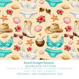 May include: A seamless pattern with a beach cowgirl theme. The design includes turquoise and white bikinis, cowboy boots, hats, sunglasses, seashells, starfish, hibiscus flowers, and a coconut on a beige background. The text "Beach Cowgirl Summer" is also present.