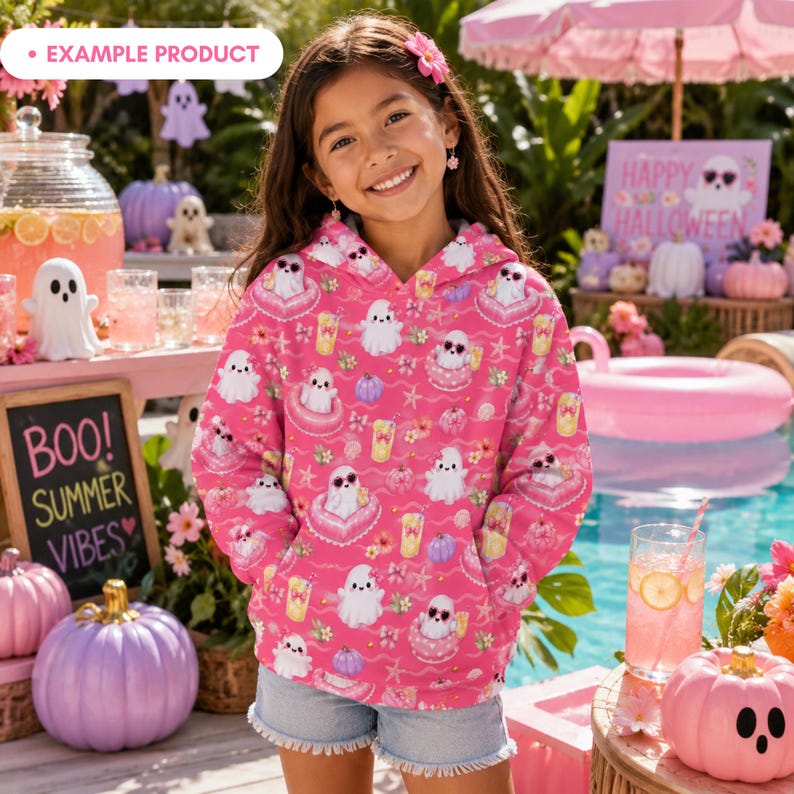 Example product mockup featuring a real girl wearing a pink hoodie with the Pink Summer Ghost Pool Party seamless pattern, including cute ghosts, heart pool floats, lemonade, pastel pumpkins, seashells, flowers, bows, starfish, and wave accents. Summerween pool party scene with girly Halloween decor.