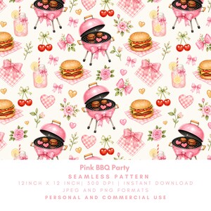 May include: A seamless pattern featuring pink BBQ grills, burgers, cherries, bows, hearts, and lemonade. The design includes the text "Pink BBQ Party" and is 12 inches by 12 inches.