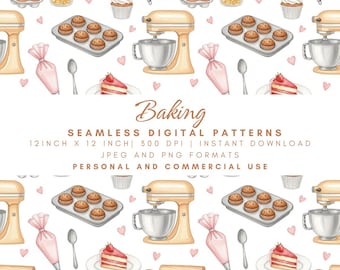 Baking Seamless Pattern, Kitchen Mixer Rolling Pin, Sweet Treats Digital Paper, Bakery Fabric Print, Cake Cookie Cupcake