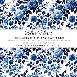 Seamless Blue Floral Pattern, Vintage Rose Digital Paper, Elegant Botanical Background, Classic Flower Print, AI Seamless Design