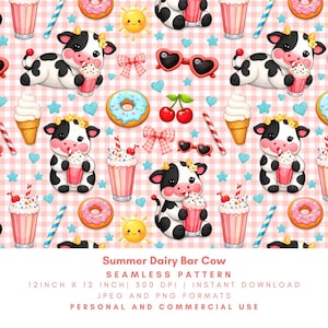 May include: A seamless pattern featuring cartoon cows, milkshakes, donuts, ice cream cones, cherries, bows, sunglasses, and suns on a pink gingham background. The text "Summer Dairy Bar Cow" is at the bottom. The pattern is 12 inches by 12 inches.