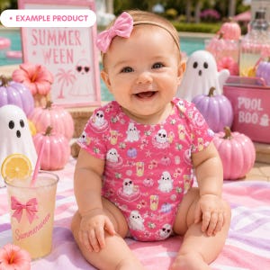 Example product mockup featuring a smiling baby wearing a pink bodysuit with the Pink Summer Ghost Pool Party seamless pattern, including cute ghosts, heart pool floats, lemonade, pastel pumpkins, shells, flowers, bows, starfish, and waves. Summerween baby outfit preview with pool party decor.