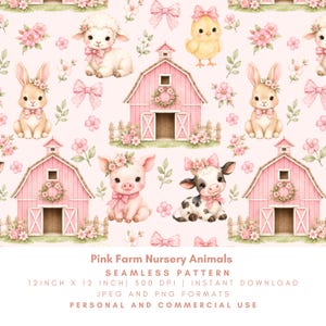 May include: A seamless pattern featuring watercolor illustrations of farm animals, including a lamb, chick, bunny, pig, and cow, with pink bows and floral accents. Pink barns and flowers are also included. The text "Pink Farm Nursery Animals" is at the bottom.