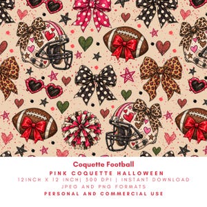 May include: A digital pattern featuring football helmets, brown footballs with red bows, leopard print bows, black polka dot bows, heart-shaped sunglasses, pom-poms, and small hearts and stars on a beige background with text Coquette Football.
